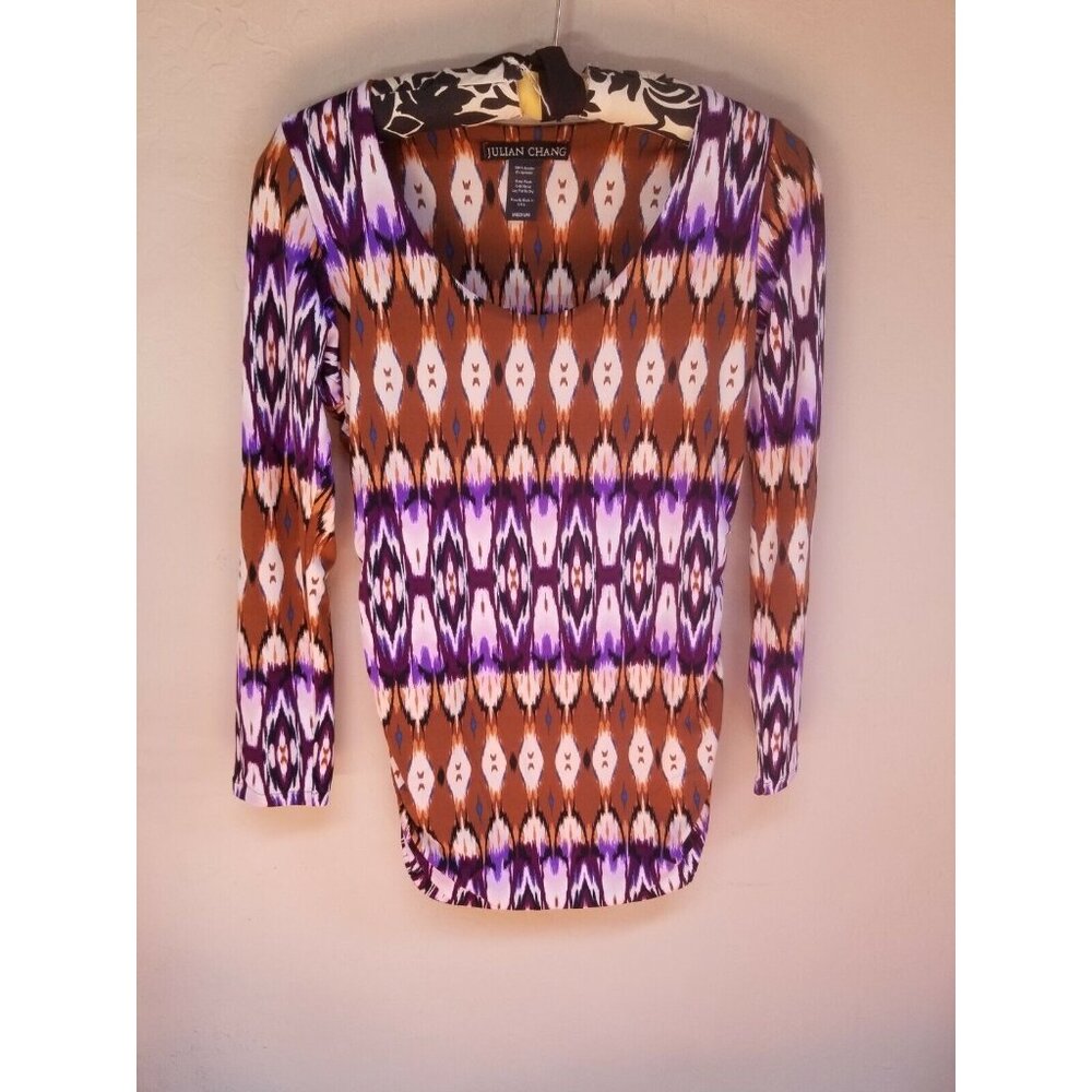 Julian Chang Womens 3/4 Sleeve Ruched Tunic Top Blouse Medium Scoop Neck Multi